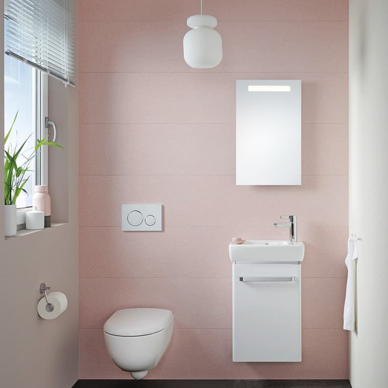 Väike külaliste vannituba koos Renova Compact valamu ja seinale riputatava WC-ga Väike külaliste vannituba koos Renova Compact valamu ja seinale riputatava WC-ga