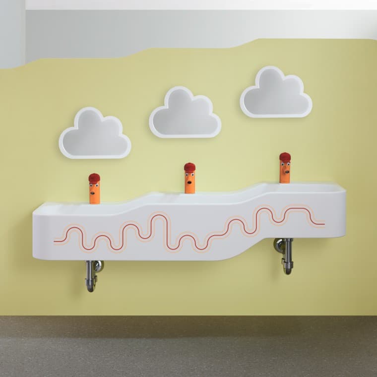 Geberit Bambini mängu- ja pesuala karmiinpunases ja oranžis toonis Geberit Bambini mängu- ja pesuala karmiinpunases ja oranžis toonis